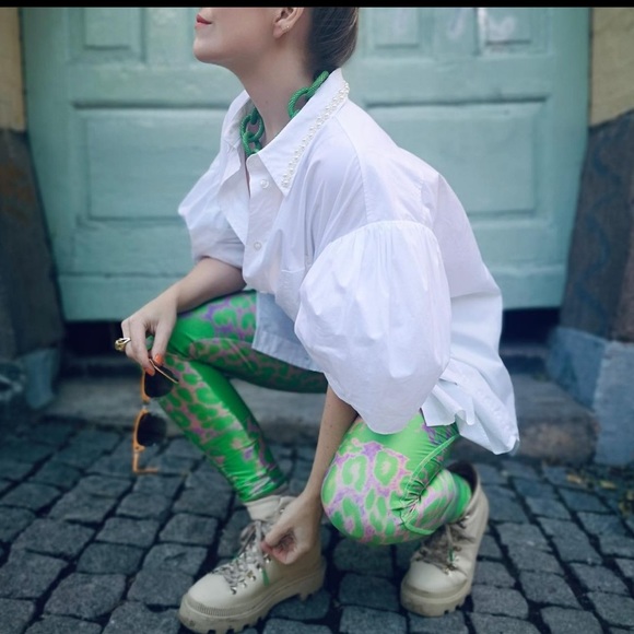 H&M Studio Collection Green Leopard Print Patterned Leggings - Picture 13 of 16